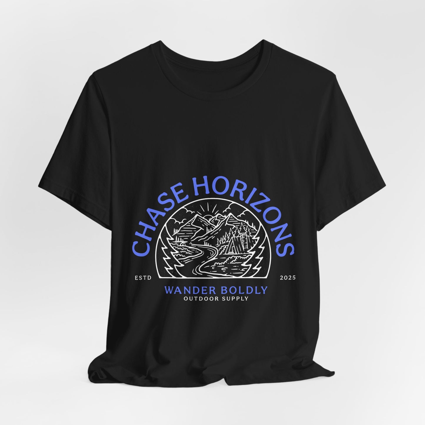 Explorer Series: Chase Horizons T-Shirt – Scenic Mountain & Camp Graphic Tee, Unisex in Multiple Colors & All Sizes