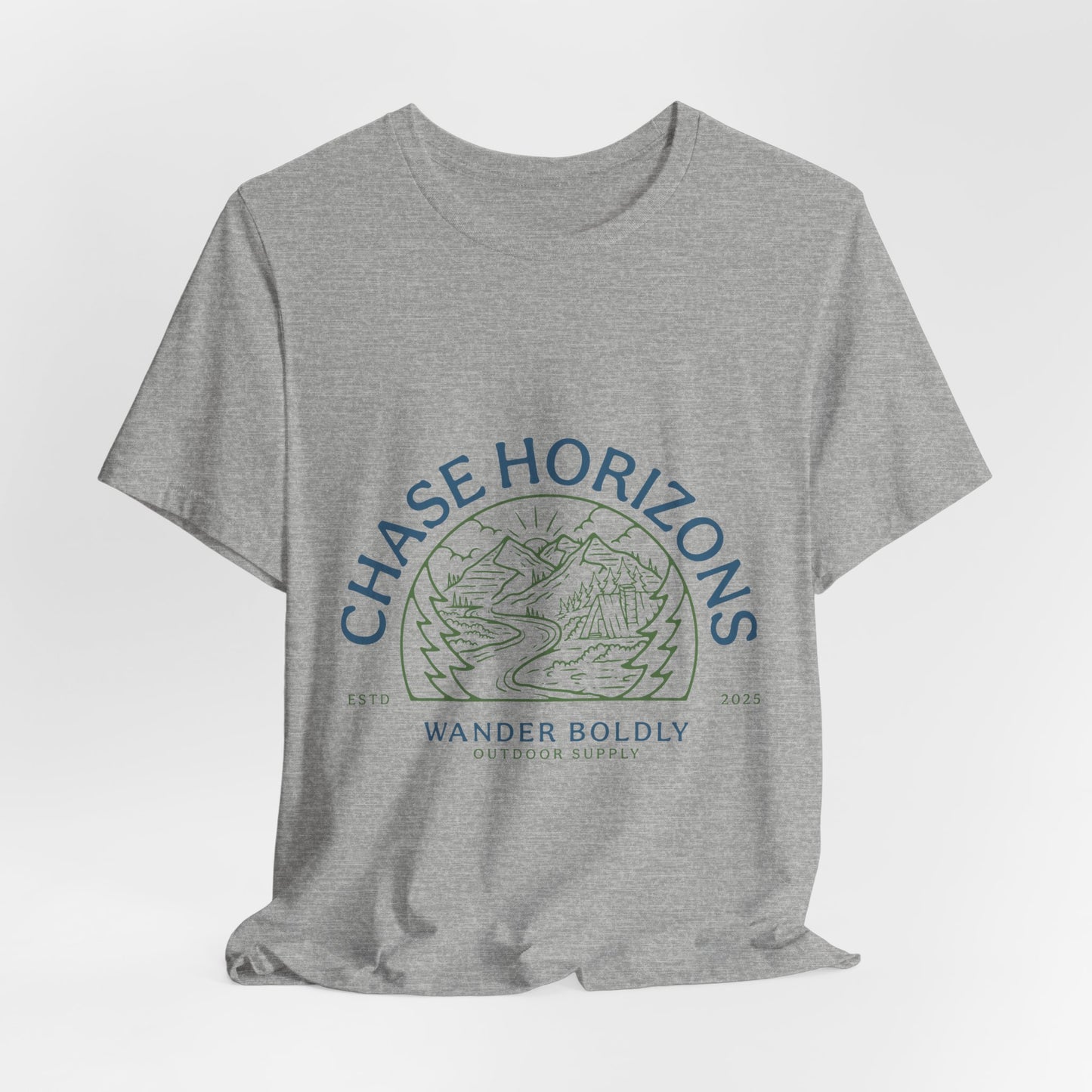 Explorer Series: Chase Horizons T-Shirt – Scenic Mountain & Camp Graphic Tee, Unisex in Multiple Colors & All Sizes