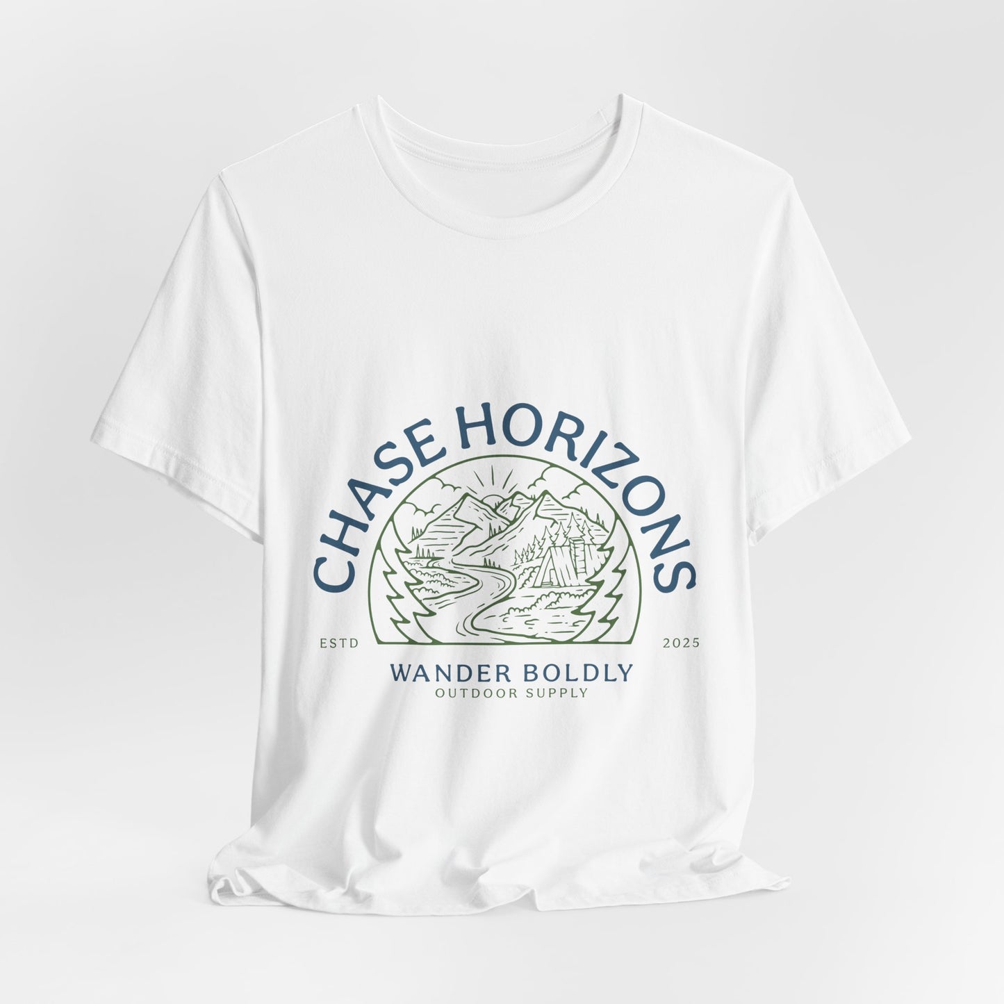 Explorer Series: Chase Horizons T-Shirt – Scenic Mountain & Camp Graphic Tee, Unisex in Multiple Colors & All Sizes