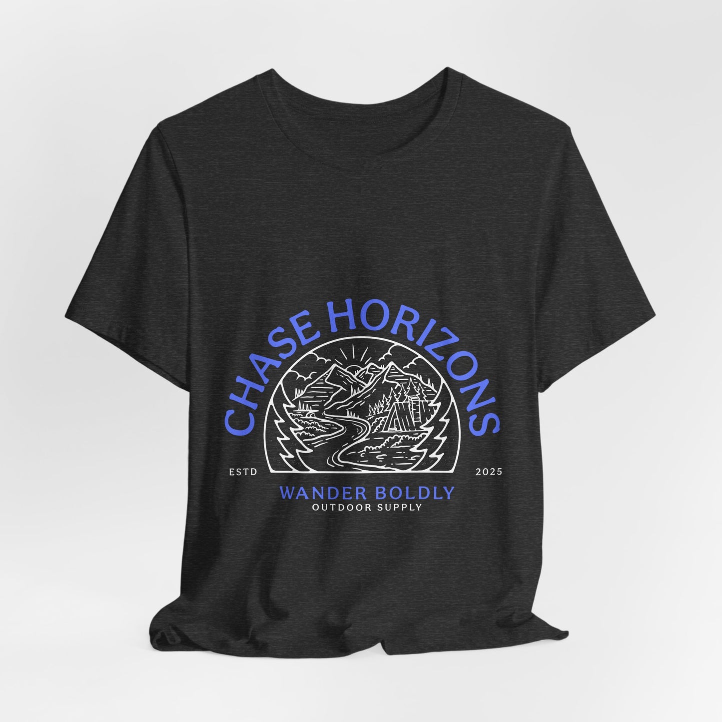 Explorer Series: Chase Horizons T-Shirt – Scenic Mountain & Camp Graphic Tee, Unisex in Multiple Colors & All Sizes